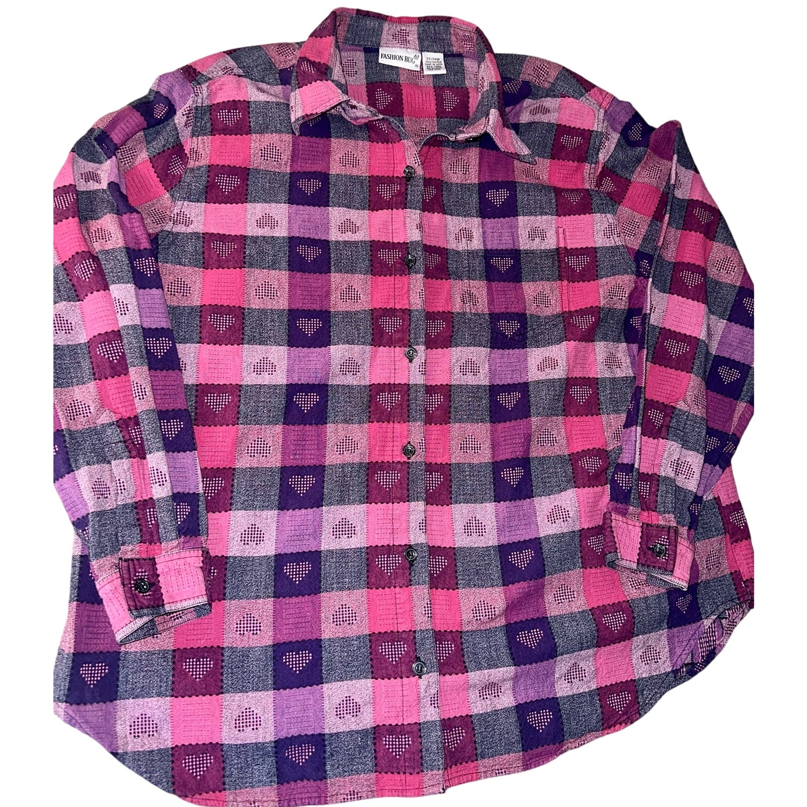Vintage 90s Fashion Bug Pink /Red Checkered Hearts Women's Button Up Shirt Sz 22